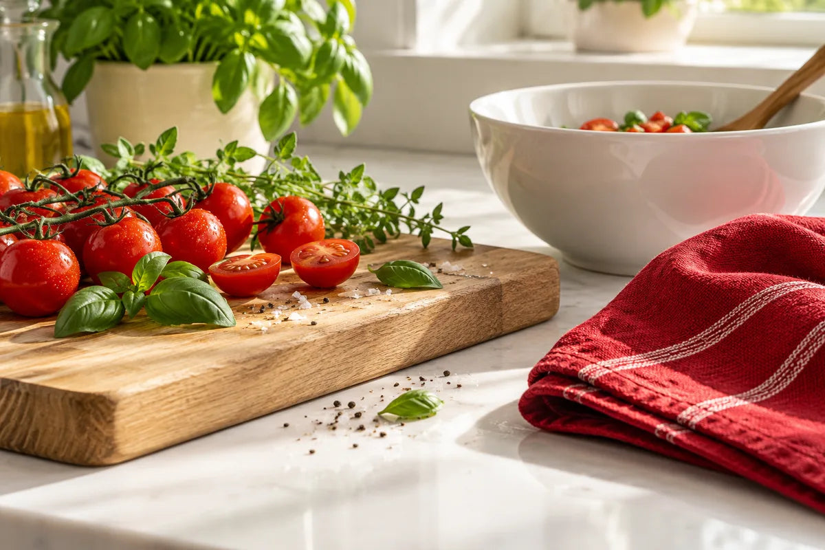 Escena de cocina con tomates, hierbas frescas, bol blanco y un paño rojo.