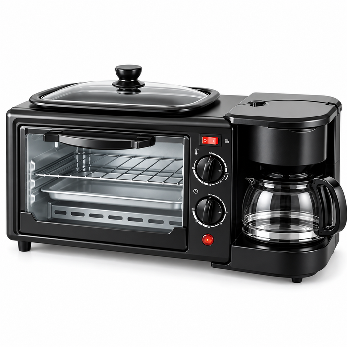 Máquina de Desayuno 3 en 1: Horno, Cafetera y Plancha