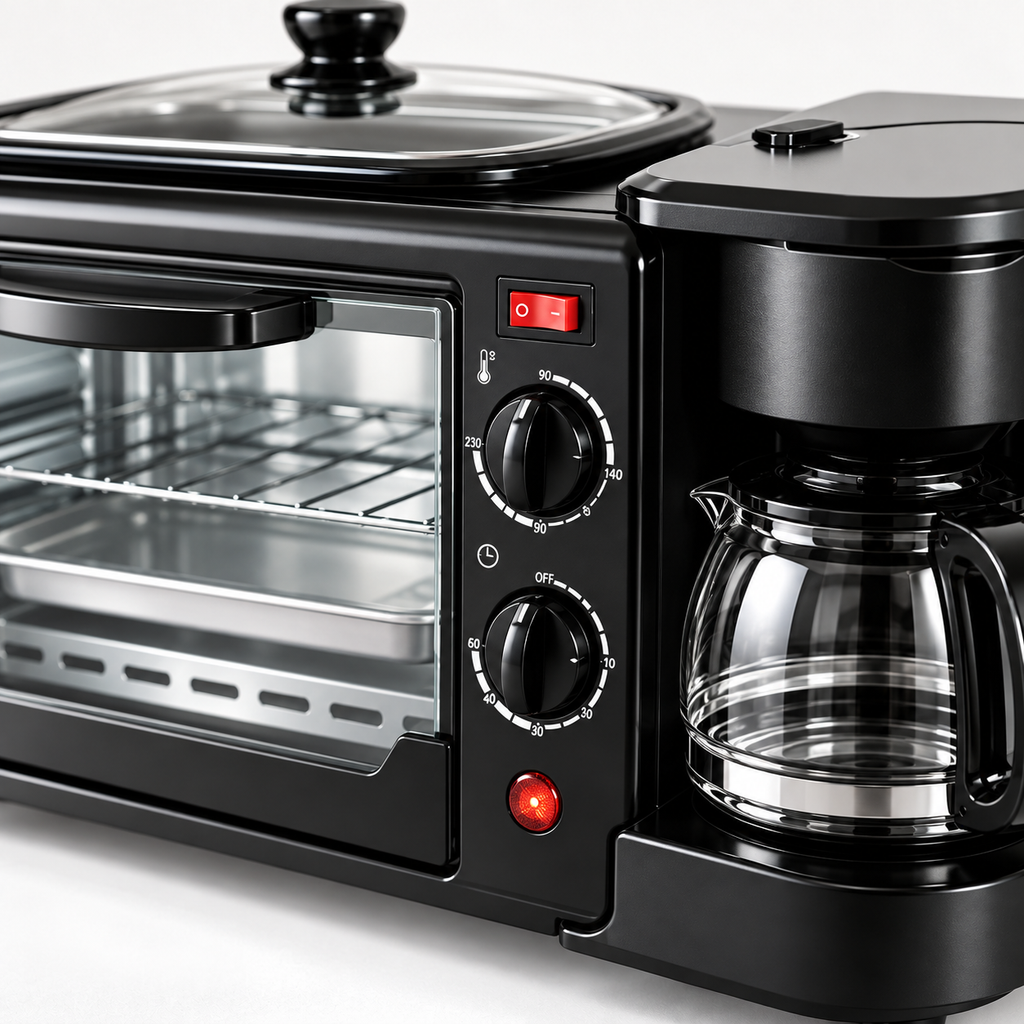 Máquina de Desayuno 3 en 1: Horno, Cafetera y Plancha