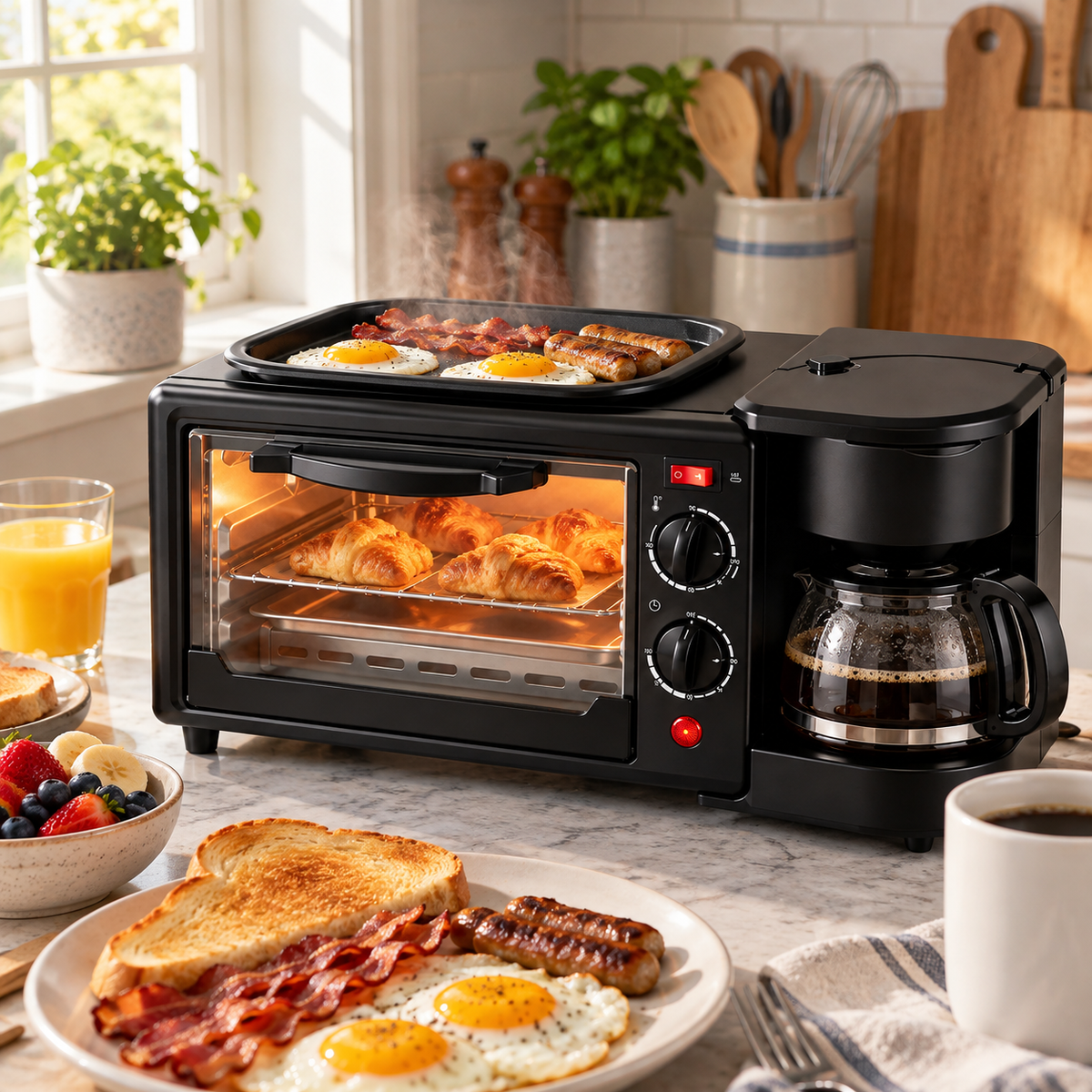 Máquina de Desayuno 3 en 1: Horno, Cafetera y Plancha