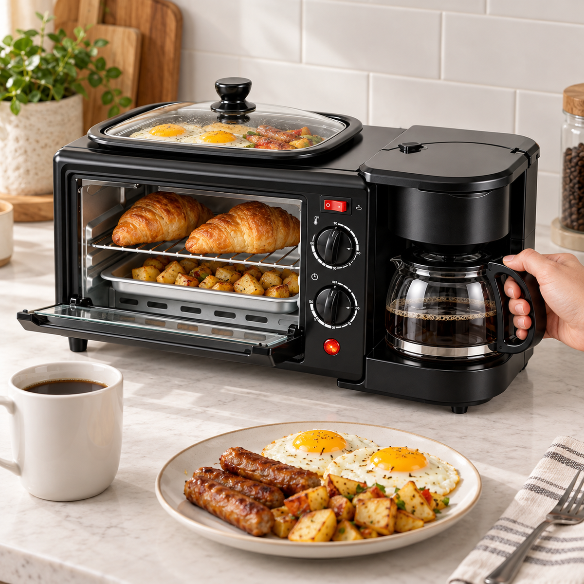 Máquina de Desayuno 3 en 1: Horno, Cafetera y Plancha