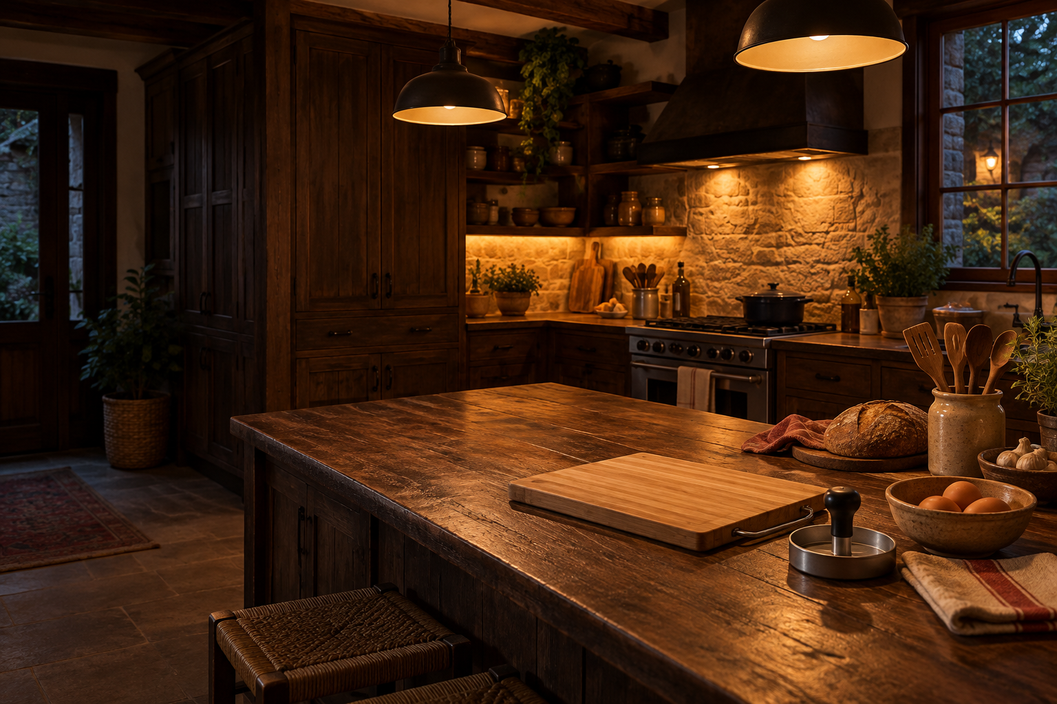 Cocina rústica de madera oscura, piedra y luz ámbar. Ambientación ilustrativa.
