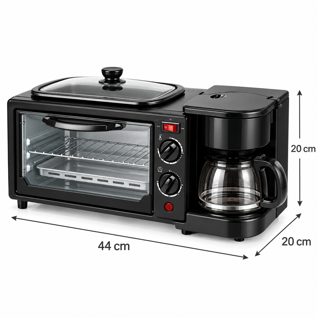 Máquina de Desayuno 3 en 1: Horno, Cafetera y Plancha